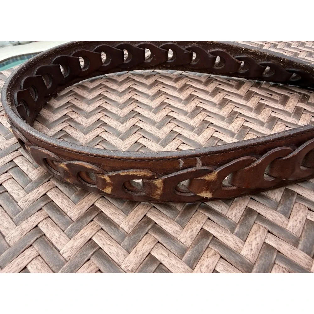Leather Hand Tooled Woven Brown Belt Carpenter Buckle Hammer Saw Mexico Size 40